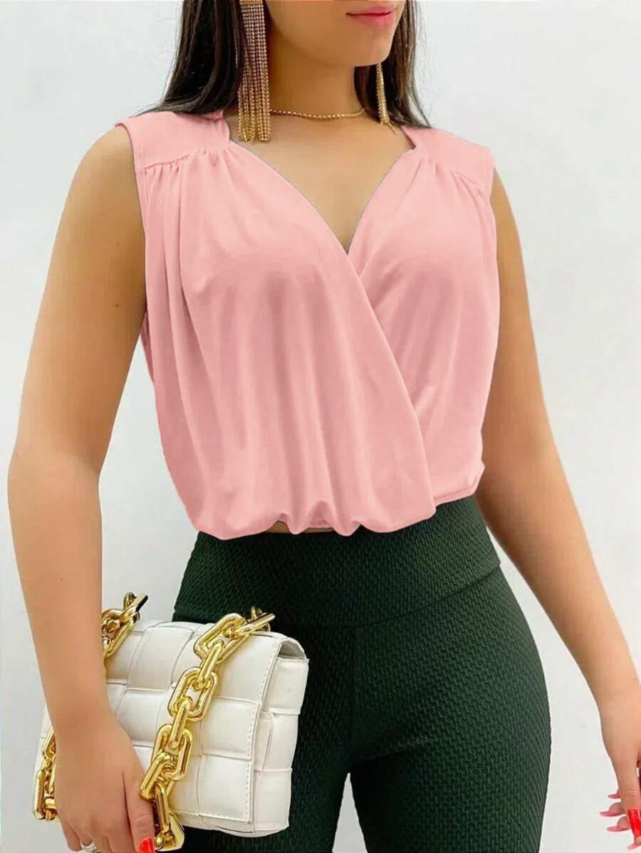 Women's Wide Strap Suplex Tank Top With V-Neck For Summer - Baby Pink - View 1