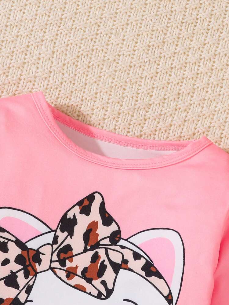 2 件套少女可爱猫咪印花长袖上衣和豹纹裤装，春秋装，涤纶混纺面料，柔软舒适，常规款式，松紧腰带，适合户外休闲和度假 - 粉色 - 查看 3