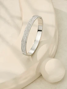 1 Stück neues  minimalistisches Armband, luxuriöses funkelndes Zirkonia eingelassenes Edelstahl Damen Armband Schmuck Silberfarbe