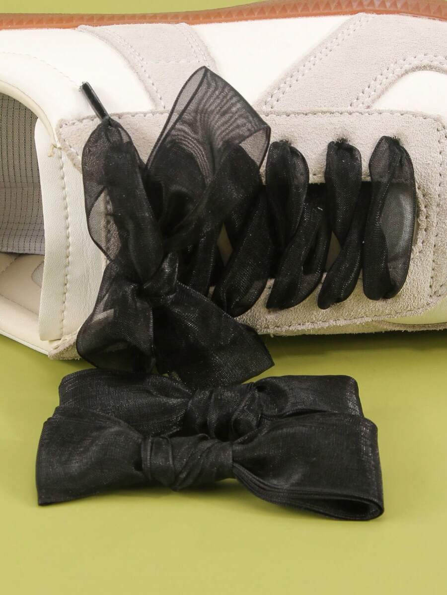 1 Pair Satin Shoelaces, Soft Organza Flat Ribbon Shoelaces For Women Sports Shoes, Multi-Color - Black - View 1