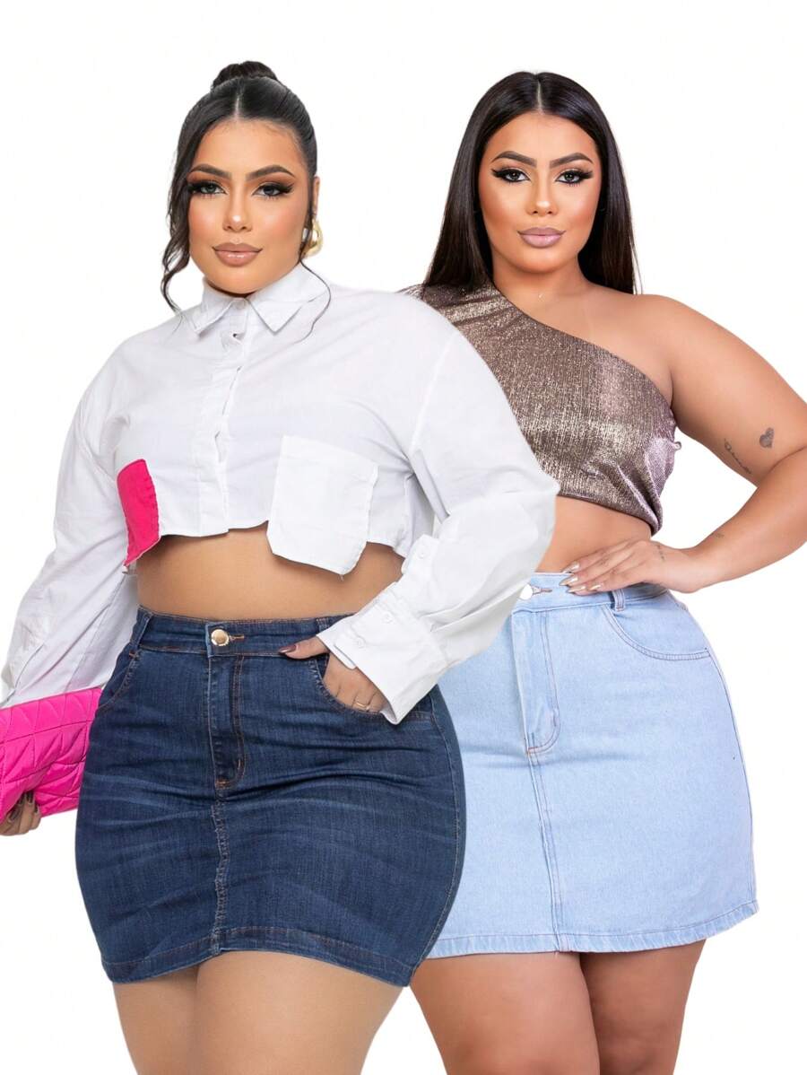 Plus Size Denim Skirt With High Waist Hem Plus Size Skirt Kit - Rửa nhẹ - Xem 1