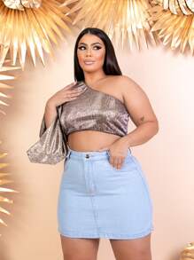 Plus Size Denim Skirt With High Waist Hem Plus Size Skirt Kit - Rửa nhẹ - Xem 2
