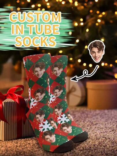 1 Pair Christmas Customized Face Printed Mid-Calf Socks, Men's And Women's Couple Socks, Personalized With Photo, Funny Couple Socks, Comfortable And Breathable, Creative Cartoon Design, Perfect For Holidays, Birthdays, Valentine's Day Gifts, Funny, Crazy, Anime, Multicolor, Father Christmas Valentine's Father Christmas Gifts, Funny, Crazy, Anime, Multicolor Long Socks, Dawg, Personalized, Ideal Gifts For Him, Ideal Gifts For Her, Boyfriend, Girlfriend, Family, Friends, Grandparents, Her,Gymboy