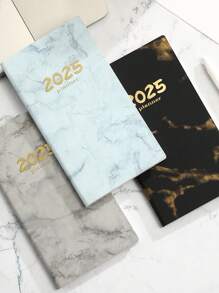 2025 English Marble Texture Daily Planner | Student Stationery, Business Office Writing Notebook, Portable Travel Outdoor 365 Day Time Management Weekly Planner, A6 Faux Leather Notebook Back To School