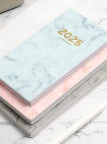 2025 English Marble Texture Daily Planner | Student Stationery, Business Office Writing Notebook, Portable Travel Outdoor 365 Day Time Management Weekly Planner, A6 Faux Leather Notebook Back To School