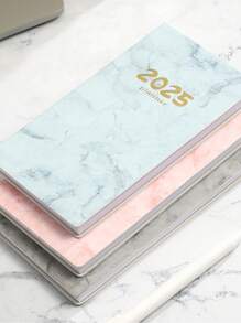 2025 English Marble Texture Daily Planner | Student Stationery, Business Office Writing Notebook, Portable Travel Outdoor 365 Day Time Management Weekly Planner, A6 Faux Leather Notebook Back To School