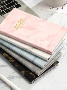 2025 English Marble Texture Daily Planner | Student Stationery, Business Office Writing Notebook, Portable Travel Outdoor 365 Day Time Management Weekly Planner, A6 Faux Leather Notebook Back To School