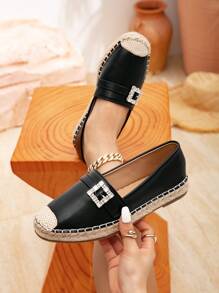 Women's New Fashion Simple Solid Color Crystal Square Buckle Flat Shoes, Versatile Round Toe Comfortable Slip-On - Black - View 1