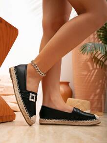 Women's New Fashion Simple Solid Color Crystal Square Buckle Flat Shoes, Versatile Round Toe Comfortable Slip-On - Black - View 4