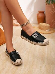 Women's New Fashion Simple Solid Color Crystal Square Buckle Flat Shoes, Versatile Round Toe Comfortable Slip-On - Black - View 5