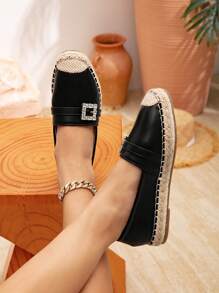 Women's New Fashion Simple Solid Color Crystal Square Buckle Flat Shoes, Versatile Round Toe Comfortable Slip-On - Black - View 2