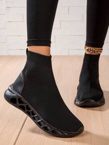 Botas femininas confortáveis de malha sem cadarço, tênis pretos casuais