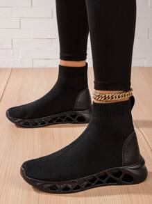 Botas femininas confortáveis de malha sem cadarço, tênis pretos casuais