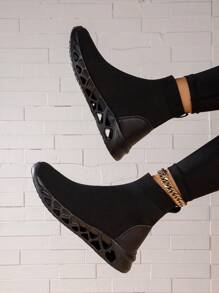 Botas femininas confortáveis de malha sem cadarço, tênis pretos casuais