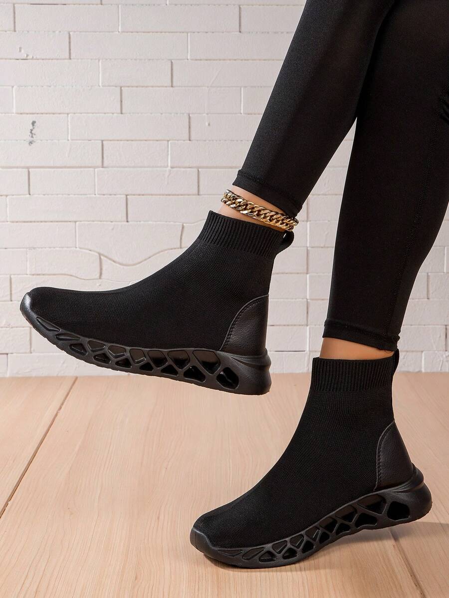 Botas femininas confortáveis de malha sem cadarço, tênis pretos casuais