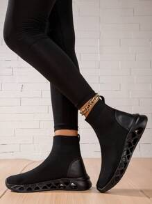 Botas femininas confortáveis de malha sem cadarço, tênis pretos casuais