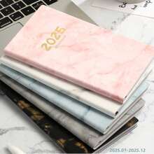 2025 English Marble Texture Daily Planner | Student Stationery, Business Office Writing Notebook, Portable Travel Outdoor 365 Day Time Management Weekly Planner, A6 Faux Leather Notebook Back To School