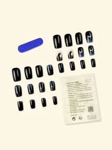 Y2K 更新您的外观 24 片短方形超光泽按压指甲深蓝色时尚渐变几何条纹可爱猫月亮星星纯色图案美丽简约风格假指甲人造手指修指甲假指甲女士甜美、可爱、简约、优雅风格美甲套装带可拆卸假指甲贴片适合节日穿着、派对、朋友、约会、日常穿着美甲用品指甲 - 藏蓝色 - 查看 3