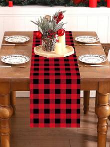 1pc Christmas Theme Table Runner, Christmas Red Green Plaid Red Golden Bells And Black Red Plaid Pattern, Merry Christmas, Suitable For Christmas Party Decoration, Living Room Wall Decor - Multicolor - View 5