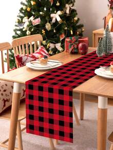 1pc Christmas Theme Table Runner, Christmas Red Green Plaid Red Golden Bells And Black Red Plaid Pattern, Merry Christmas, Suitable For Christmas Party Decoration, Living Room Wall Decor - Multicolor - View 4