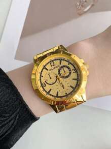 1pc Gold Color Large Dial Watch, Quartz Movement, Suitable For Business, Casual And All-Match For Both Men And Women - Gold - View 10