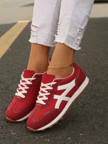 2025 秋季女款毛绒拼接系带厚底运动鞋，新款轻便厚底休闲运动鞋，春秋季户外运动风格学生鞋 - 紅色 - 查看 8