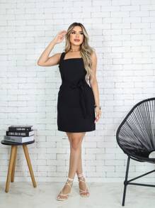 Thick Strap Dress With Bow - màu đen - Xem 5