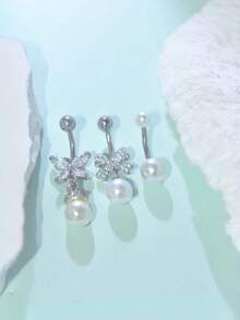 3 件/套蝴蝶珍珠肚脐穿孔环套装，女士银水晶肚脐环，适合日常生活、派对、舞蹈、比赛 - 彩色 - 查看 12