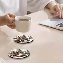 SET Of 6 Christmas Truck Themed Wooden Coasters For Drinks, Tea & Coffee Mug Mats With Vintage Red Truck Design, Perfect For Home & Restaurant Decor, Holiday Gift Essentials, Christmas Party Decor,Home Decor,Kitchen Decor