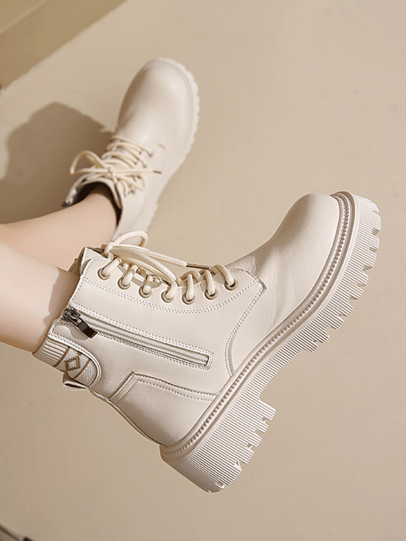 New Women Fashion Casual Ankle Boots Daily Versatile Comfortable  Boots In Black & Beige