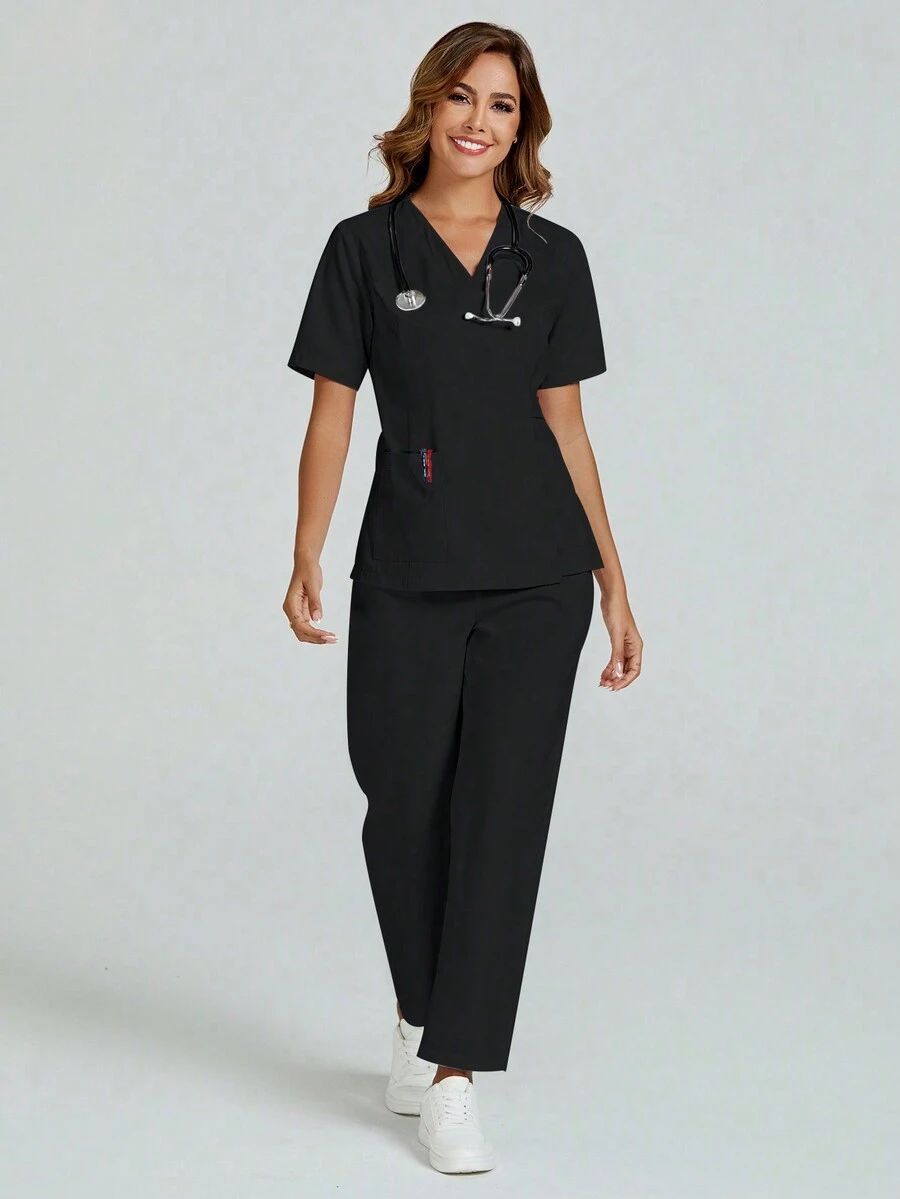 cimmuovere Short Sleeve V-Neck Back Tie White Laboratory  Scrubs Nurse Uniform, Dental/Veterinary Clinic Work Outfit Set With Top And Pants With Pockets - Black - View 1