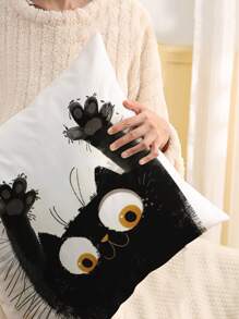 1 件卡通猫印花靠垫套，家居装饰枕套，不含填充物