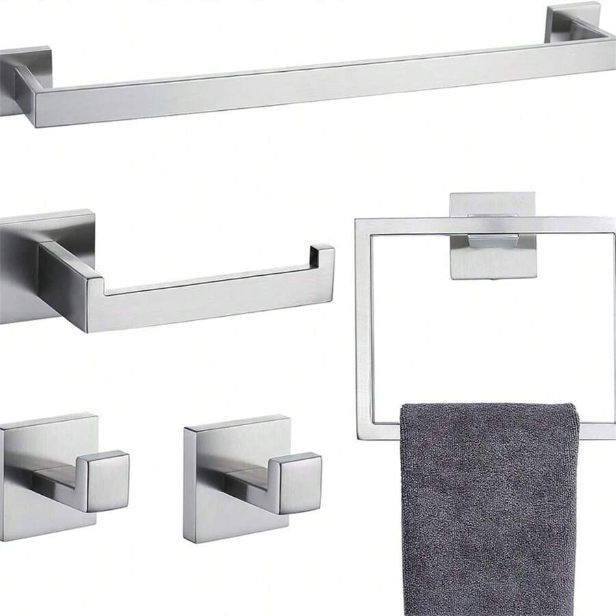 Set de 5 buc. Suport pentru prosoape de baie, nichel periat, set de accesorii pentru baie, inclusiv suport pentru prosoape, inel pentru prosoape, cârlig pentru haine și suport pentru hârtie igienică cu raft. Accesorii de baie din oțel inoxidabil, montate pe perete, ustensile pentru baie.