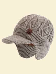 JZML 1pc Men's Deer Embellished Thermal Lined Knit Beanie Hat With Brim