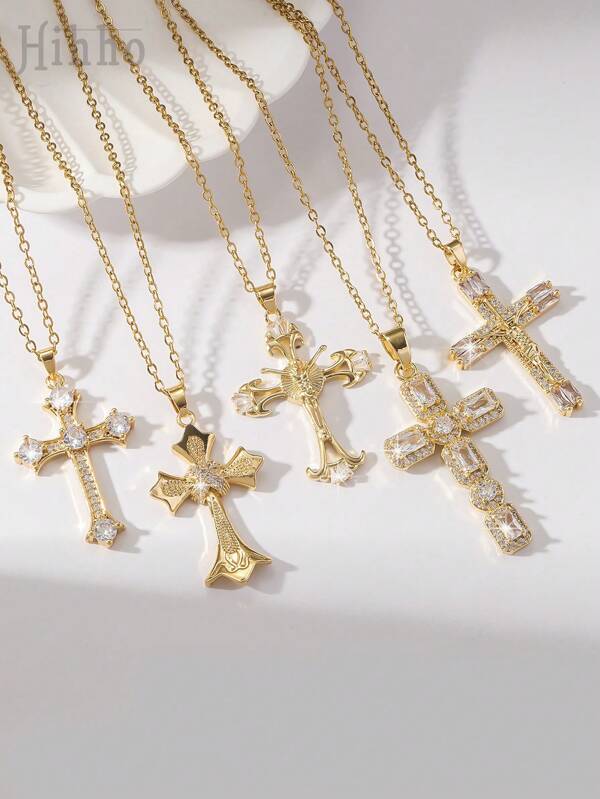 Hihho 1pc Vintage Punk Cross Necklace, Fashionable With Zirconia Design, European And American Style Pendant Necklace