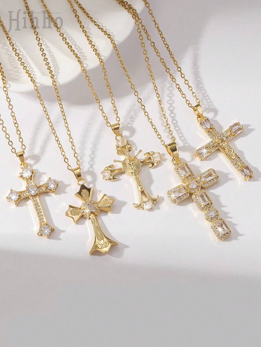 Hihho 1 chiếc vòng cổ thánh giá bằng thép không gỉ phong cách Punk cổ điển đính đá Zirconia, mặt dây chuyền thời trang thích hợp cho các cô gái đeo hàng ngày - Bạc - Xem 1