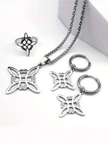 suteyi Juego de joyas de acero inoxidable de 4 piezas, colgante con nudo celta irlandés estilo bruja, aretes y pulsera y anillo de moda - Plateado - Ver 8