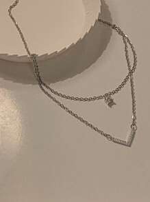 Double-Layer V-Shaped Zirconia Stone Necklace For Women, Minimalist & Elegant Style Small Design Necklace - Silver - View 5