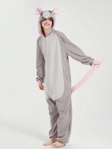 Unisex Cosplay Cartoon One Piece Possum Pajamas, Rat Fleece Thickened Hooded Jumpsuit, Fall, Winter, Christmas Animal Cosplay Pajamas, Funny One Piece Outfit For Halloween Party - Grey - View 2