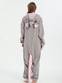 Unisex Cosplay Cartoon One Piece Possum Pajamas, Rat Fleece Thickened Hooded Jumpsuit, Fall, Winter, Christmas Animal Cosplay Pajamas, Funny One Piece Outfit For Halloween Party - Grey - View 5
