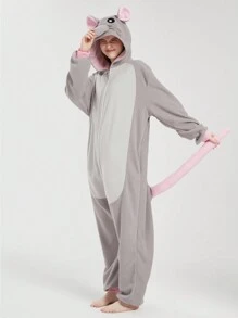 Unisex Cosplay Cartoon One Piece Possum Pajamas, Rat Fleece Thickened Hooded Jumpsuit, Fall, Winter, Christmas Animal Cosplay Pajamas, Funny One Piece Outfit For Halloween Party - Grey - View 3