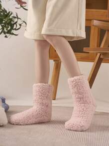 1 Pair Of Thick Fuzzy Socks. Non Slip Floor Socks, Winter Warm Socks, Solid Color Women's Mid Tube Socks, Home Sleeping Socks - Multicolor - View 3