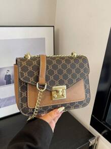 Rutig retro liten fyrkantig väska, mode elegant handväska med dubbla lager, PU-läder axelväska, mångsidig för kvinnor dagligen - Brun - Visa 5