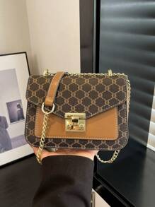 Rutig retro liten fyrkantig väska, mode elegant handväska med dubbla lager, PU-läder axelväska, mångsidig för kvinnor dagligen - Brun - Visa 4