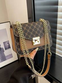 Rutig retro liten fyrkantig väska, mode elegant handväska med dubbla lager, PU-läder axelväska, mångsidig för kvinnor dagligen - Brun - Visa 1