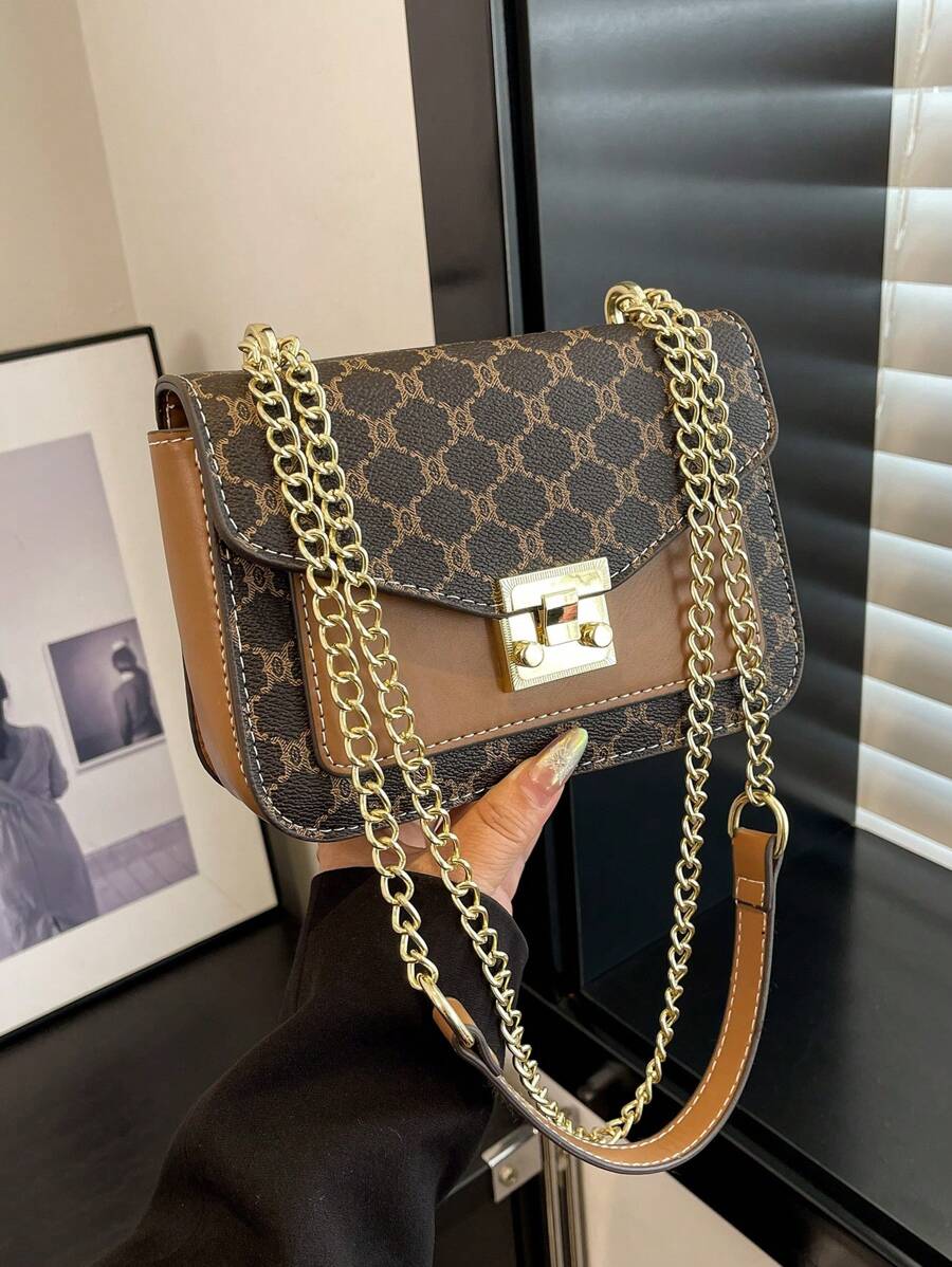 Rutig retro liten fyrkantig väska, mode elegant handväska med dubbla lager, PU-läder axelväska, mångsidig för kvinnor dagligen - Brun - Visa 1