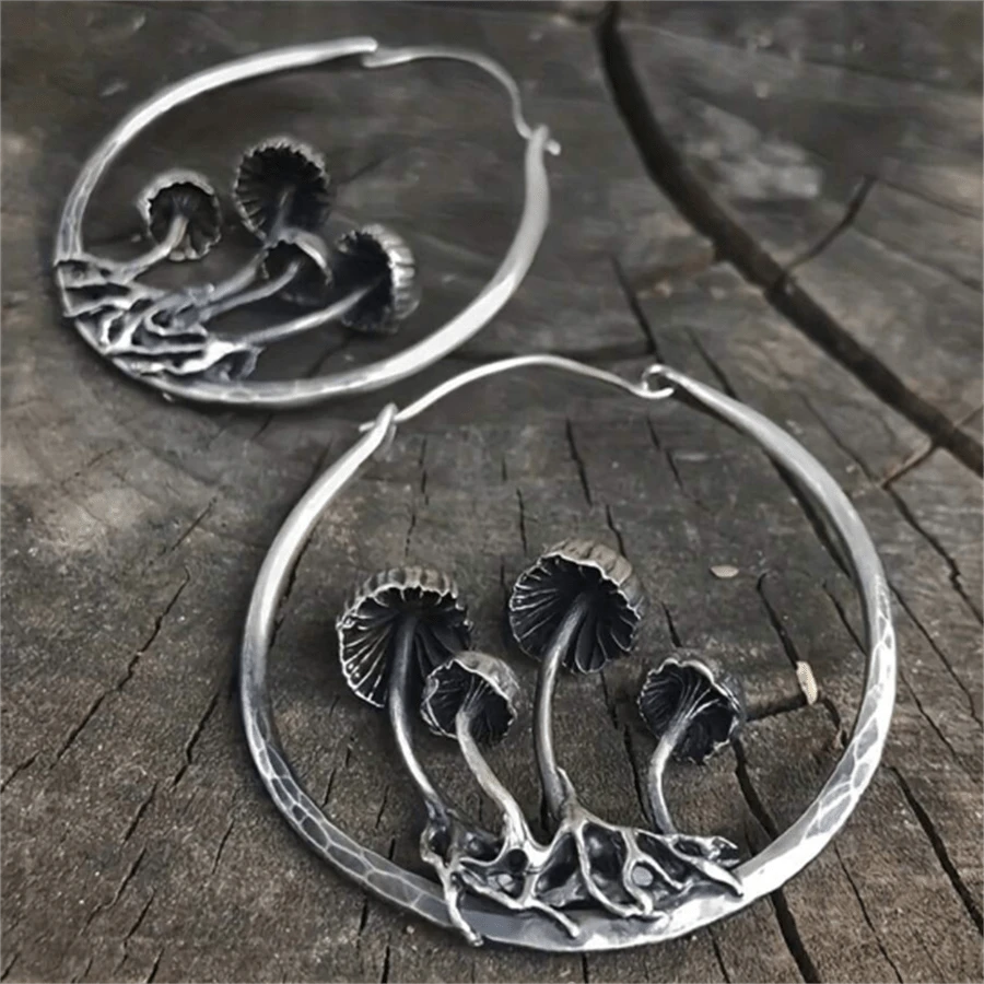 1 cặp bông tai thiết kế hình nấm rỗng phong cách Bohemian cổ điển, trang sức thời trang cho nữ dự tiệc cưới - bạc cổ - Xem 1