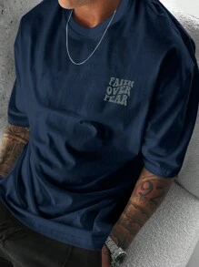 Áo thun nam tay ngắn in khẩu hiệu thường ngày, mùa hè - Màu xanh hải quân - Xem 2