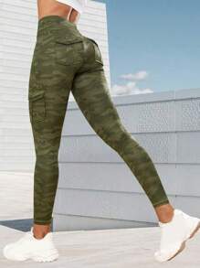 Quần legging nữ mùa hè họa tiết rằn ri, quần bó sát có túi nâng mông, quần bó nén thể thao yoga mùa xuân. - xanh quân đội - Xem 5