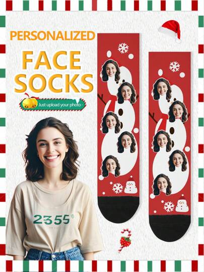 1 par de calcetines con cara personalizada de Navidad, calcetines de media pantorrilla con foto impresa para parejas de hombres y mujeres, calcetines de pareja personalizados, diseño de dibujos animados creativo, cómodos y transpirables, perfectos para vacaciones, cumpleaños, regalos del Día de San Valentín, divertidos, locos, anime, multicolor